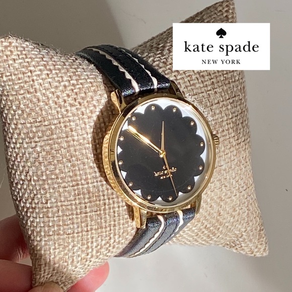 KATE SPADE Gold Metro Luxe Watch black white leather band NEW battery - Picture 2 of 7